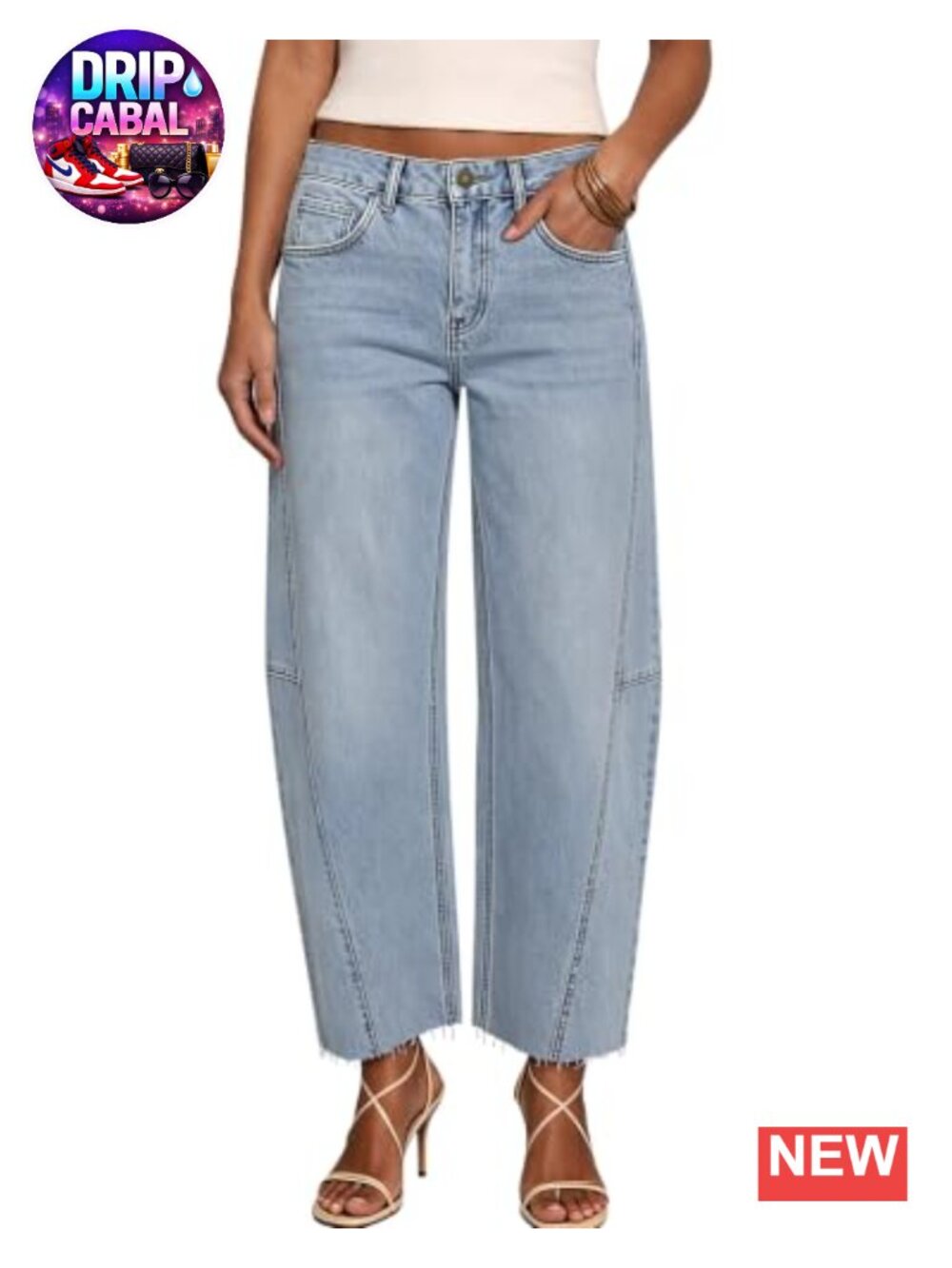 Women's Mid Rise Barrel Wide Leg Stretch Denim Jeans Raw Hem